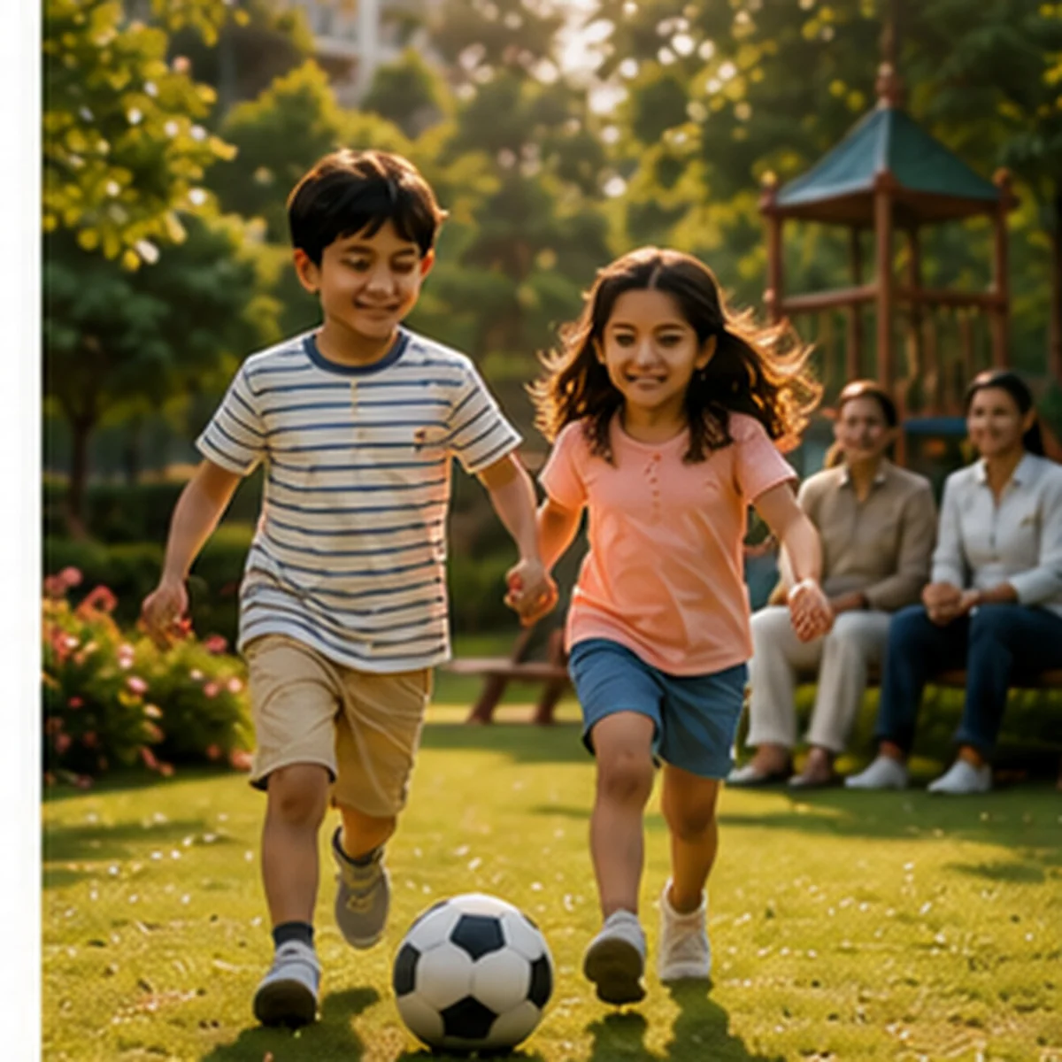 Children playing outdoors with family nearby, representing Sahi Bachpan