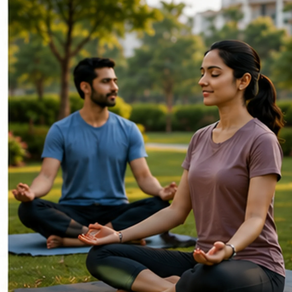 A woman practising yoga in the Mangeshi Universe gardens, representing Sahi Balance