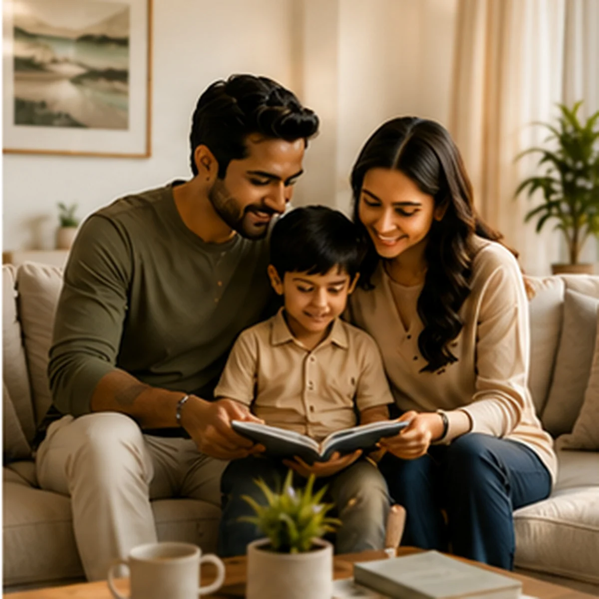 A family relaxing together in their living room, representing Sahi Ghar