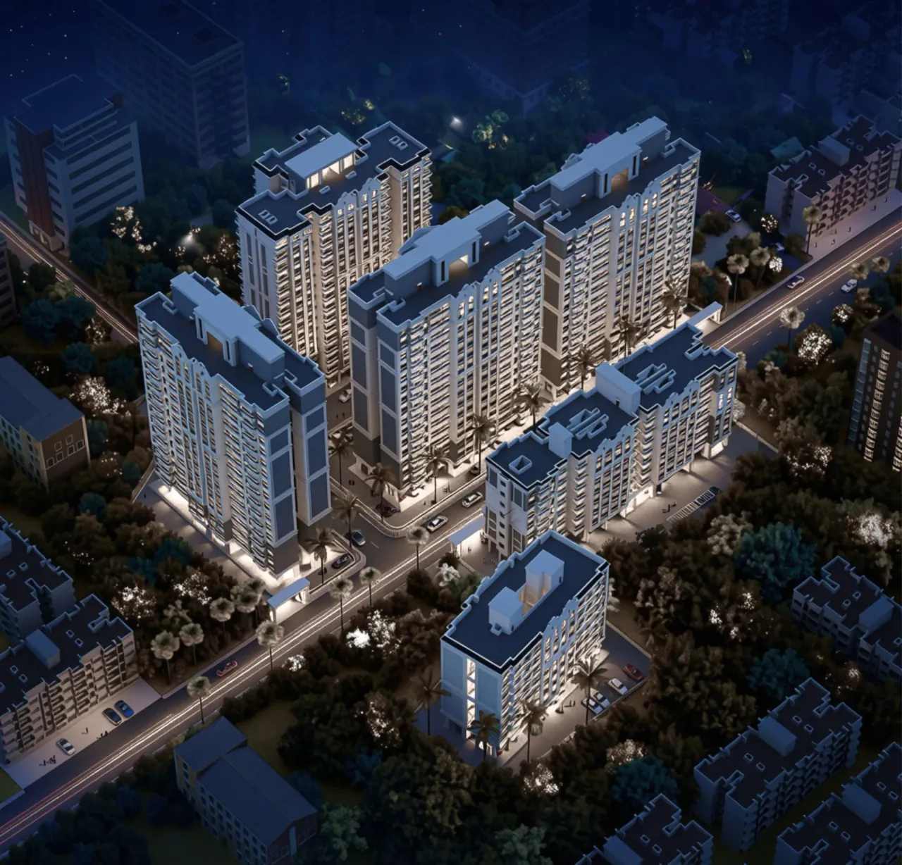 Night-time aerial architectural render of Mangeshi Universe in Ambivli, Kalyan