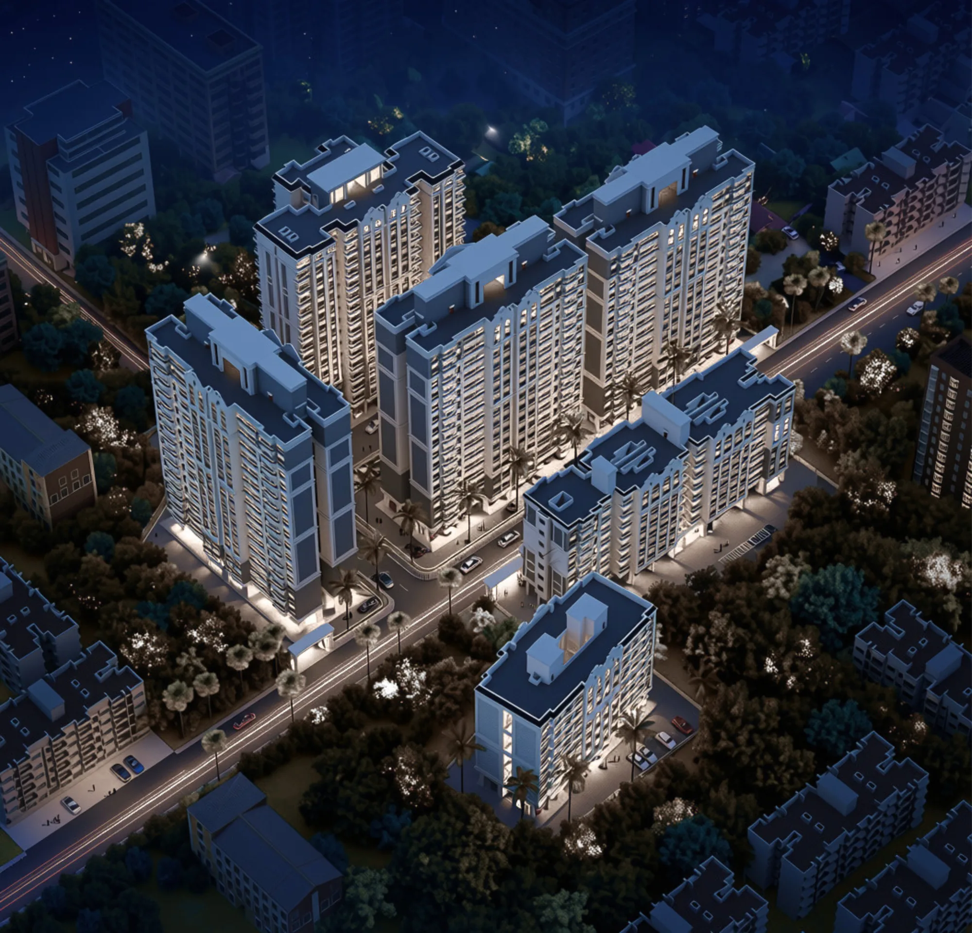 Night-time aerial architectural render of the complete Mangeshi Universe development